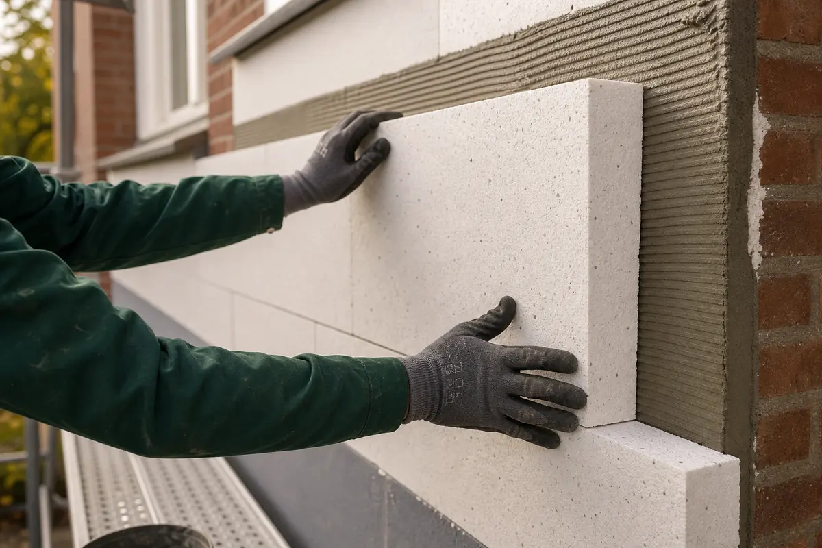 Grote isolatieplaten worden bevestigd op de buitengevel van een woning
