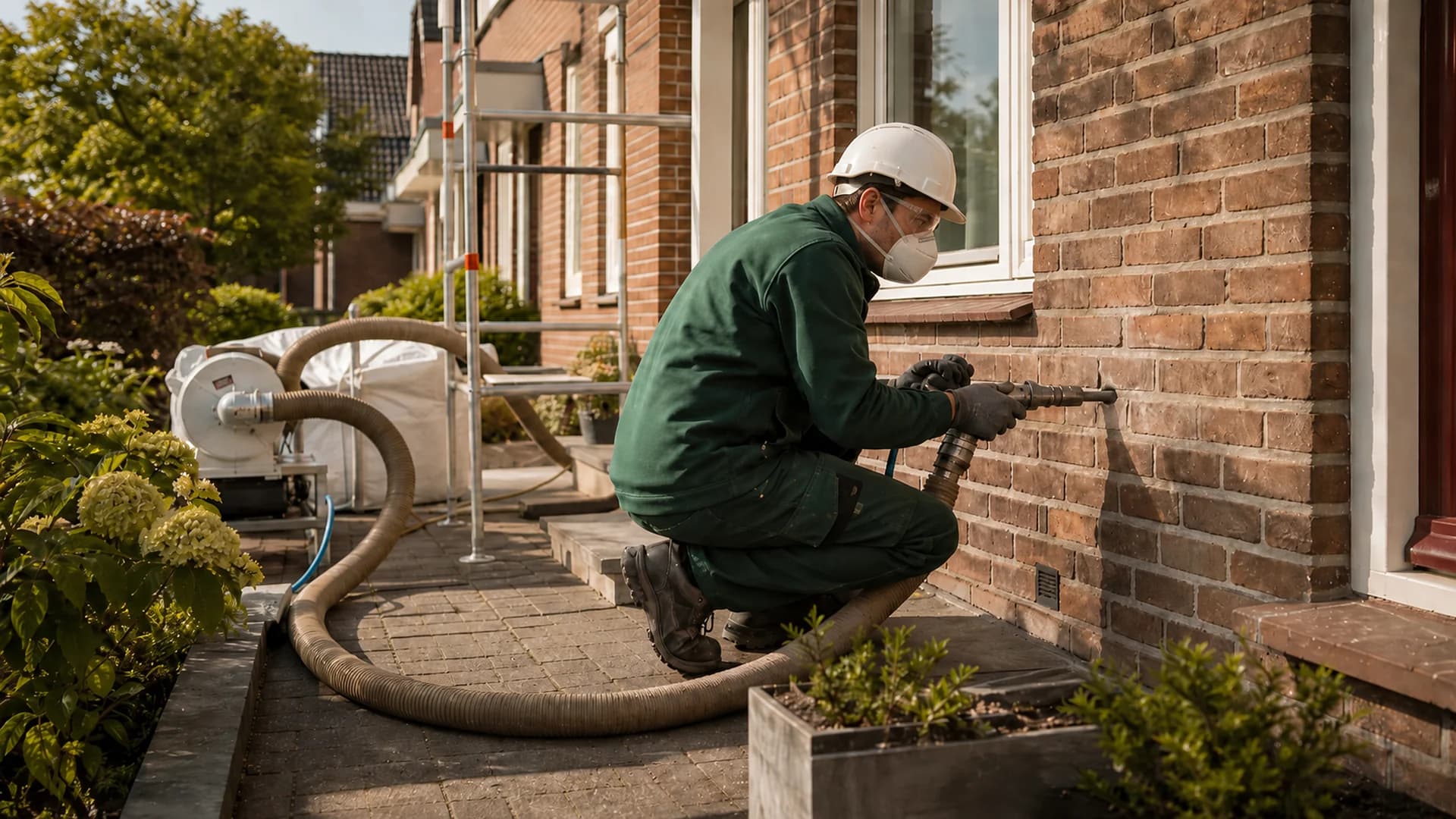 Spouwmuurisolatie wordt in de spouw van een buitenmuur geblazen