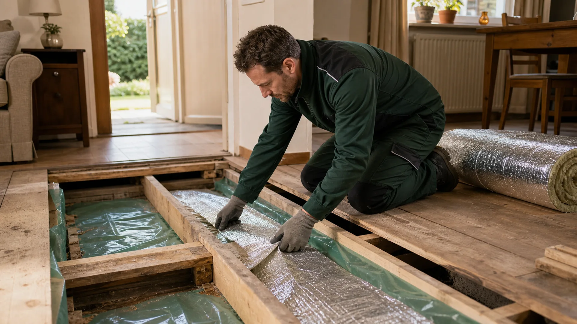 Vloerisolatie wordt aangebracht in een woning in Uden